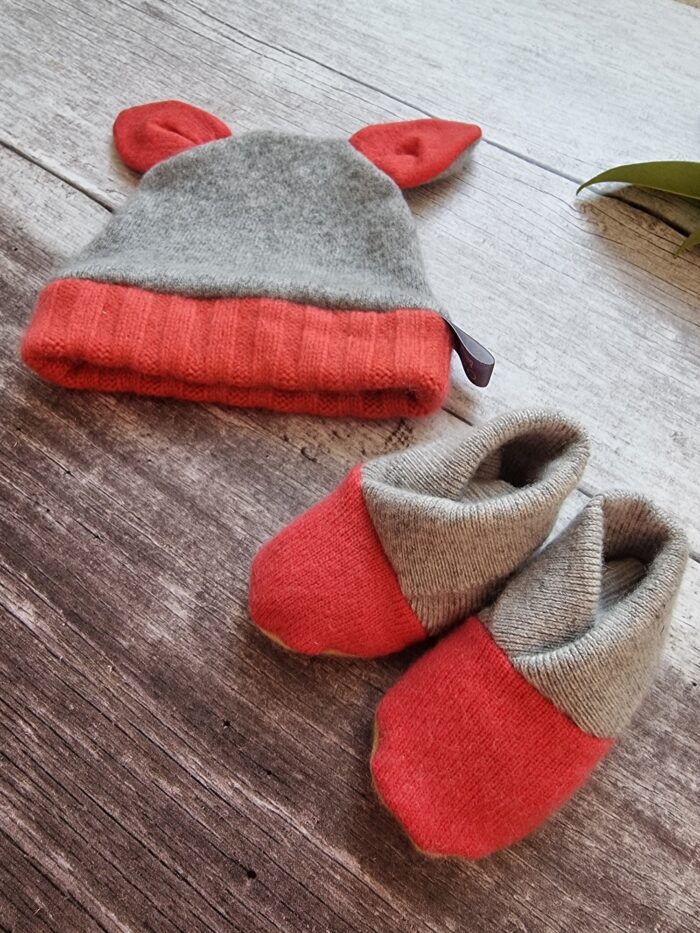 Recycled Cashmere children's shoes and hat set. Spotlight on Chilly Billy Cashmere